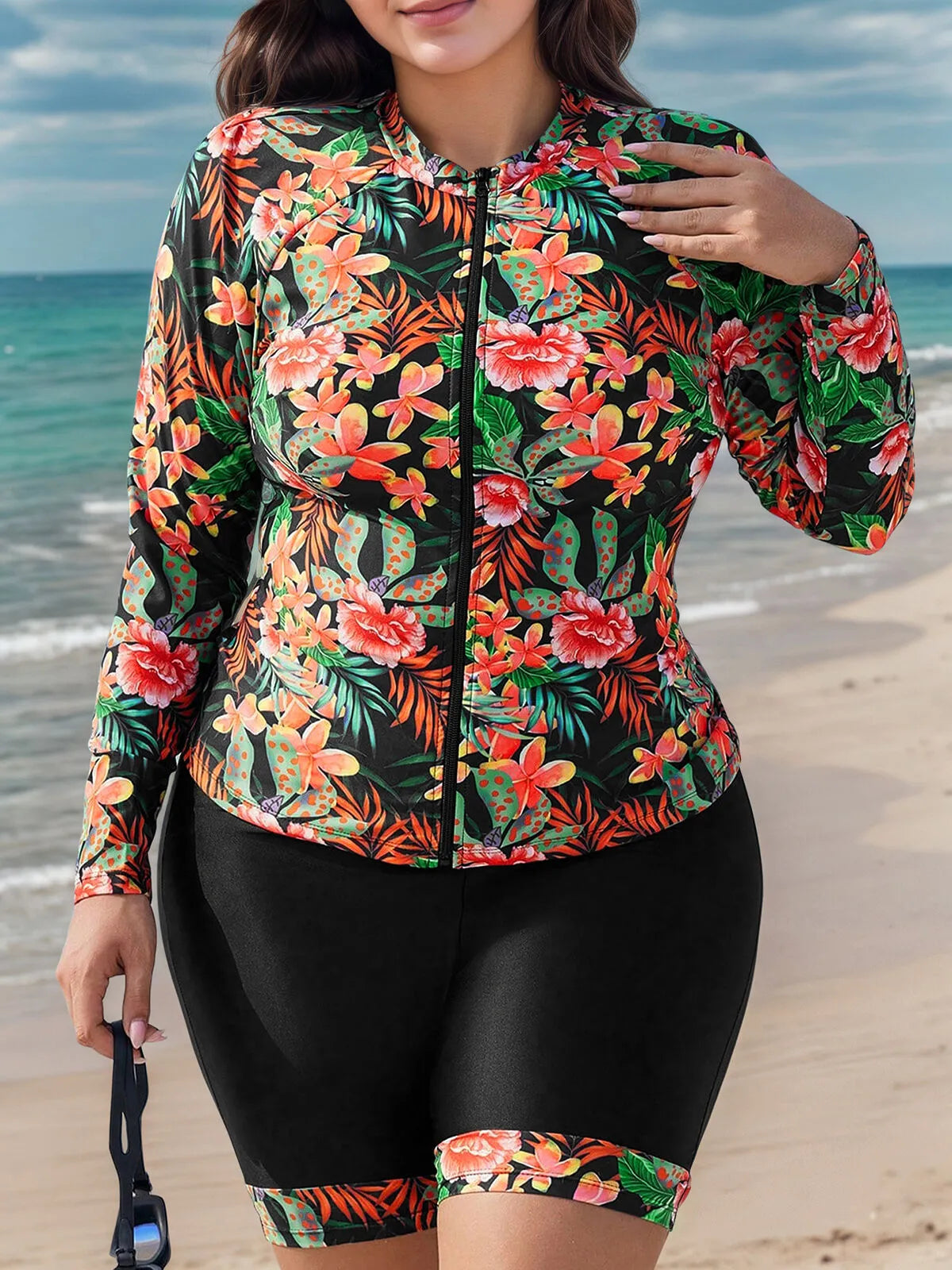 Plus Size Tropical Zipper Medium Rise Tankini