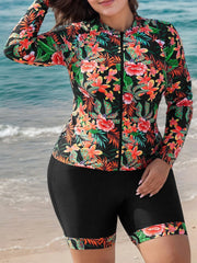 Plus Size Tropical Zipper Medium Rise Tankini