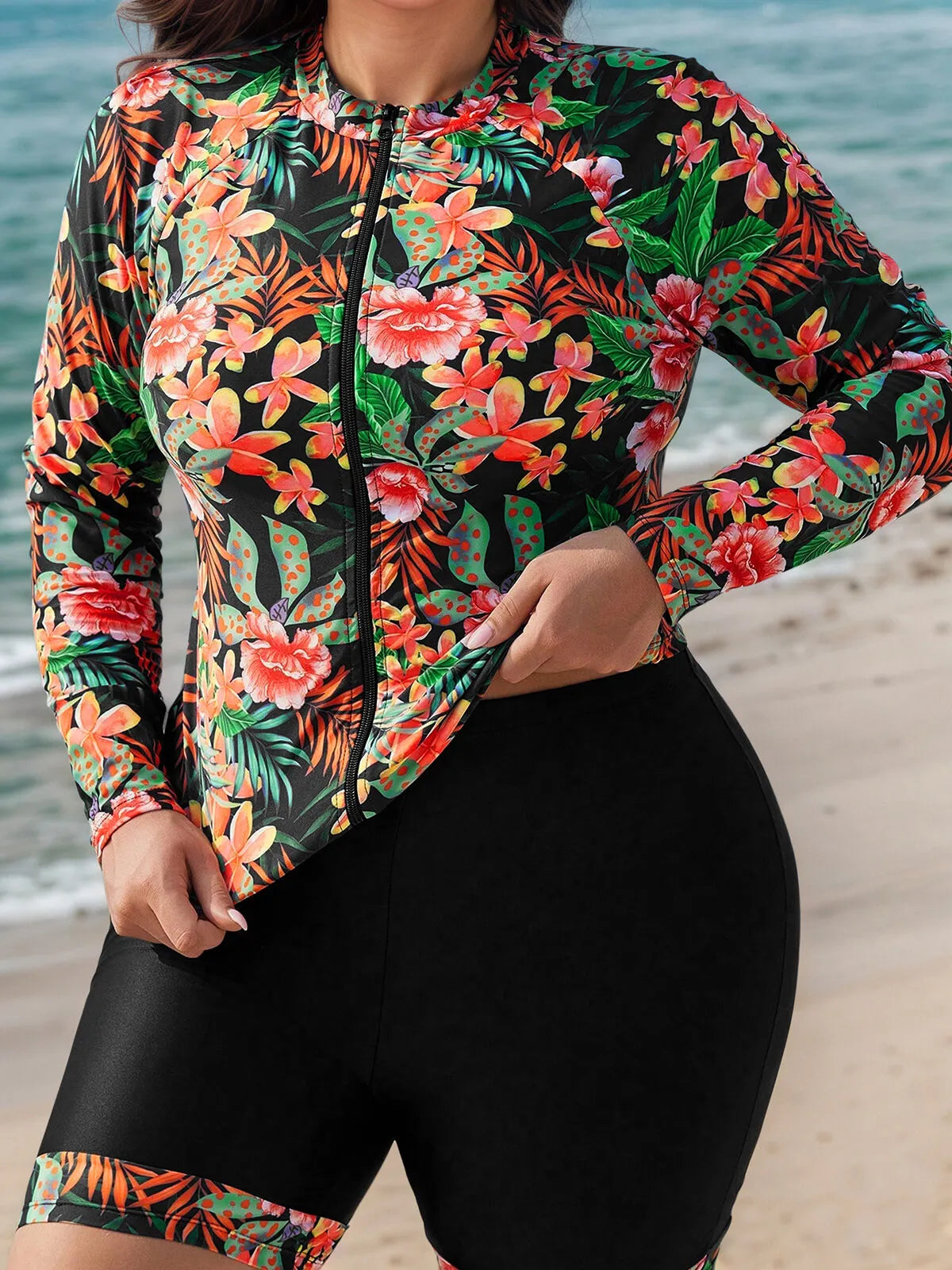 Plus Size Tropical Zipper Medium Rise Tankini