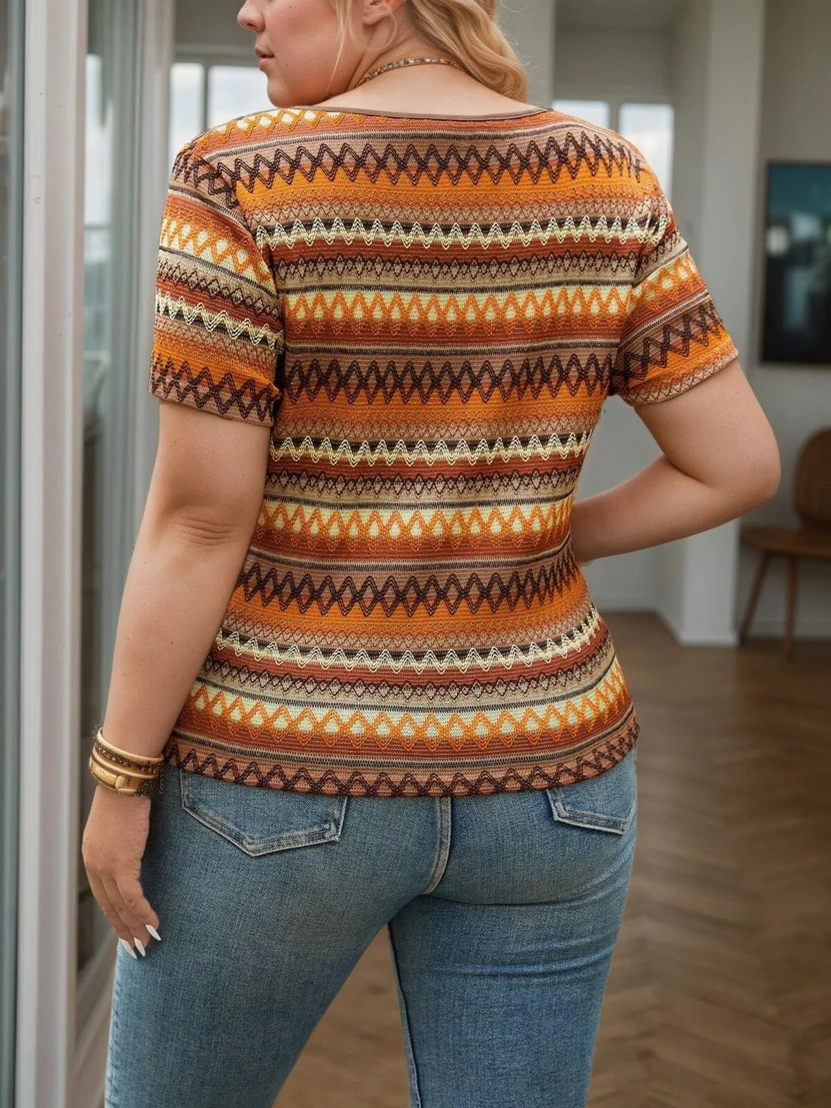 Plus Size Geometric Square Neck Boho T-shirt