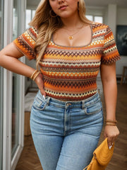 Plus Size Geometric Square Neck Boho T-shirt