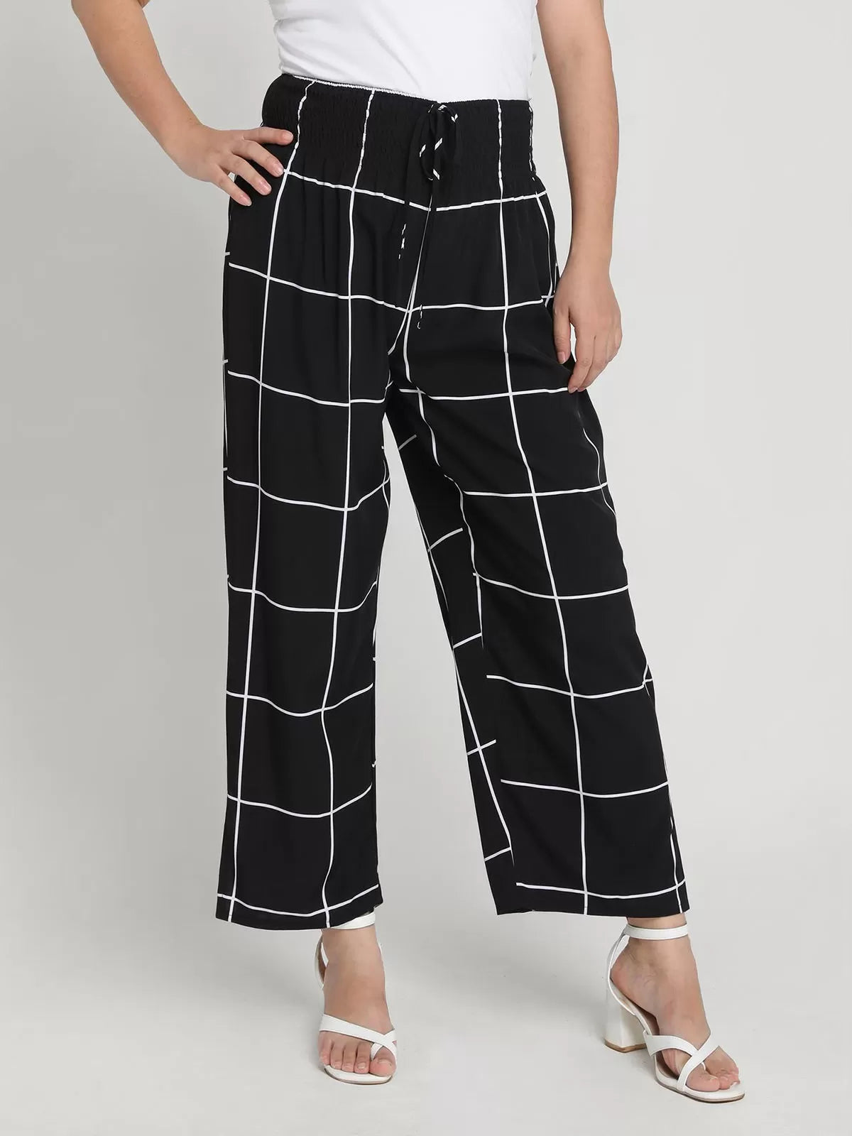 Plus Size Gingham Plaid Lace-up Medium Rise Elastic Waist Palazzo Pants