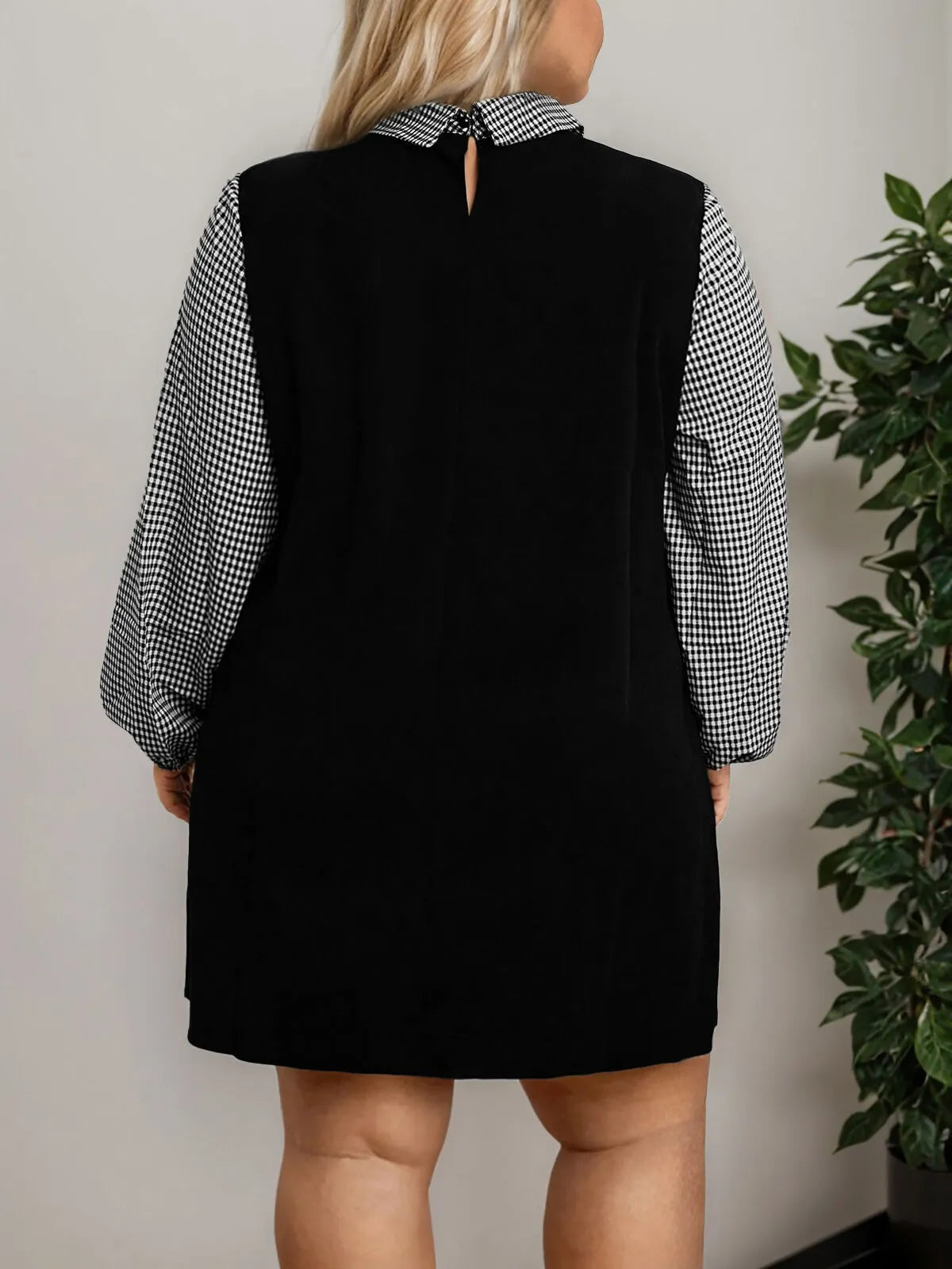 Plus Size Gingham Plaid Lapel Regular Sleeve Tunic Dress