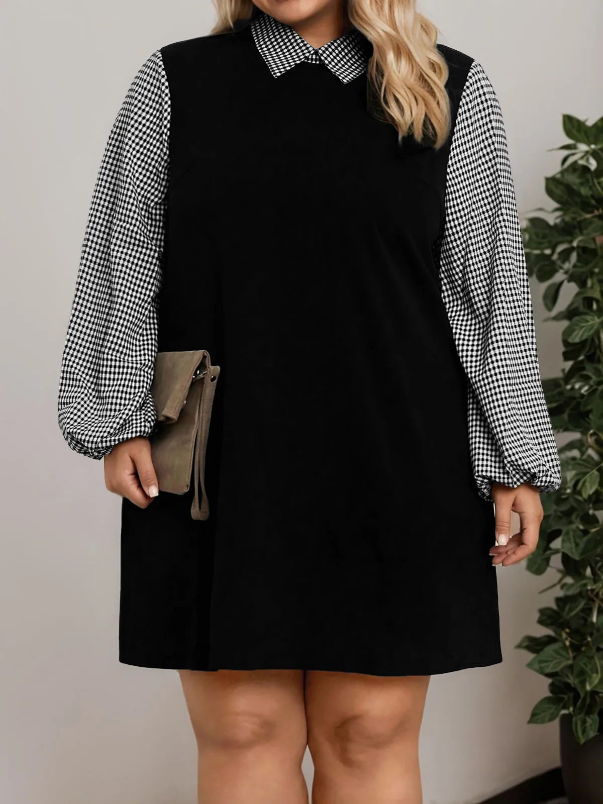Plus Size Gingham Plaid Lapel Regular Sleeve Tunic Dress