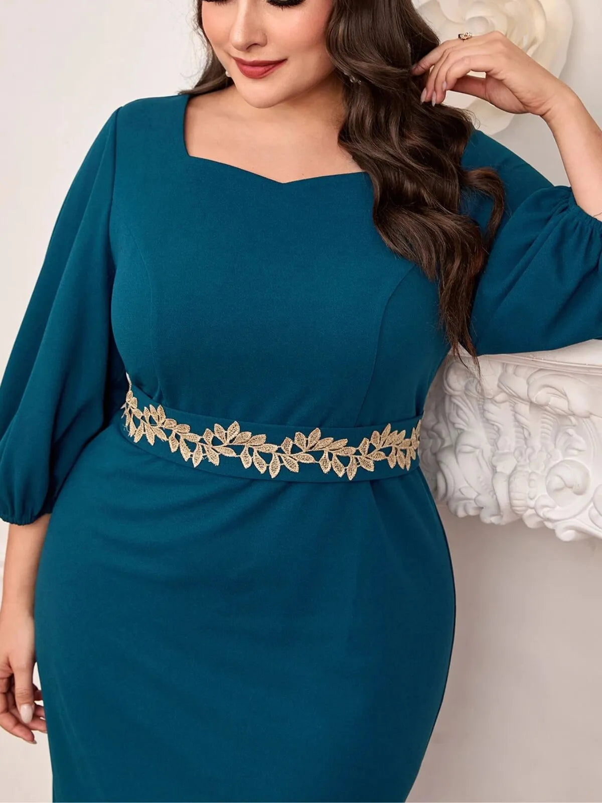 Plus Size Gold Leaf Accent Elegant A-line Dress