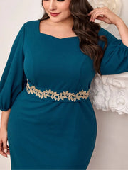 Plus Size Gold Leaf Accent Elegant A-line Dress