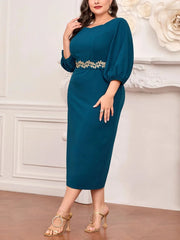 Plus Size Gold Leaf Accent Elegant A-line Dress
