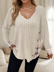 Plaid Button V-neck T-shirt