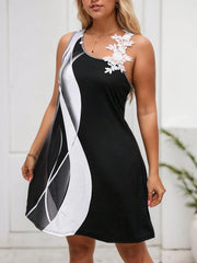 Plus Size Graphic Lace Asymmetric Neck Sleeveless Shift Dress