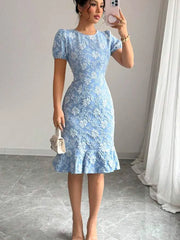 Jacquard Print Elegant Ruffles Puff Bodycon Dress