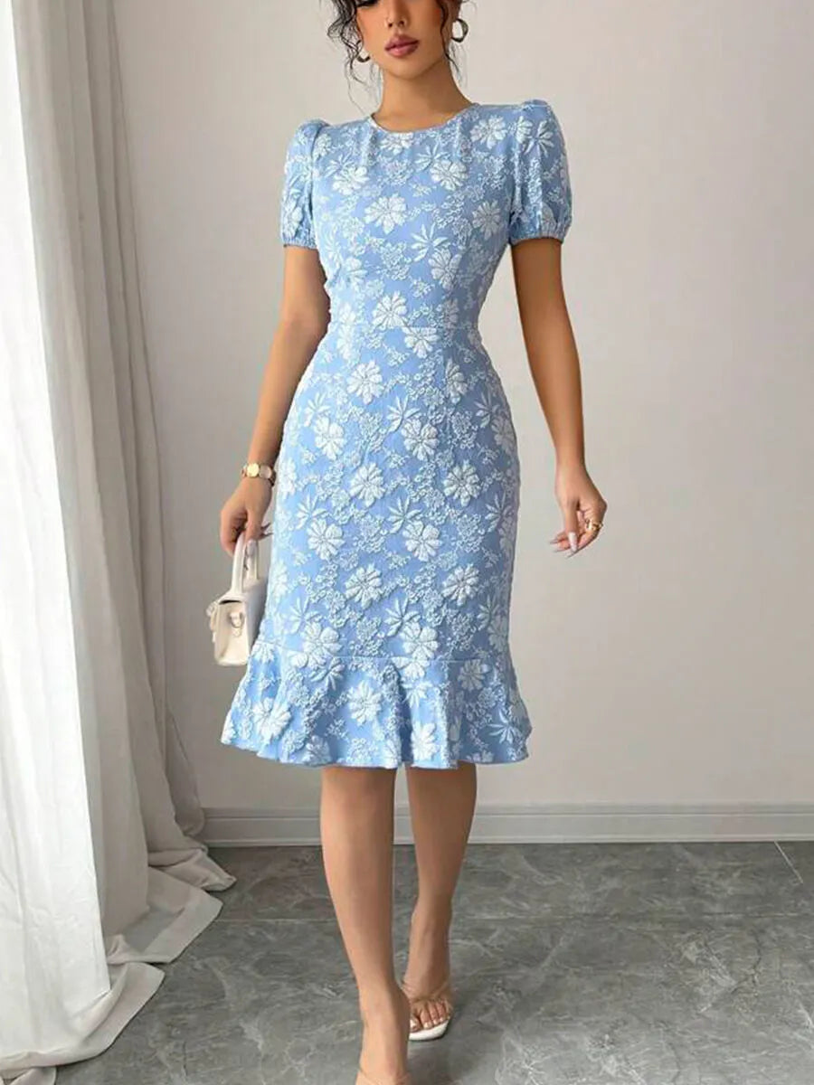 Jacquard Print Elegant Ruffles Puff Bodycon Dress