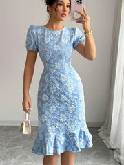Jacquard Print Elegant Ruffles Puff Bodycon Dress