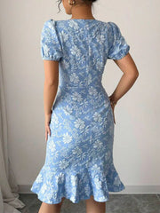Jacquard Print Elegant Ruffles Puff Bodycon Dress