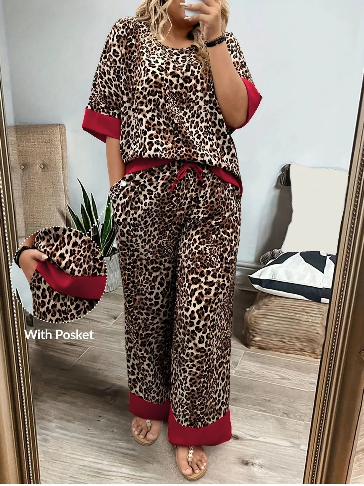 Plus Size Leopard Batwing Sleeve T-shirt & Vintage Pants