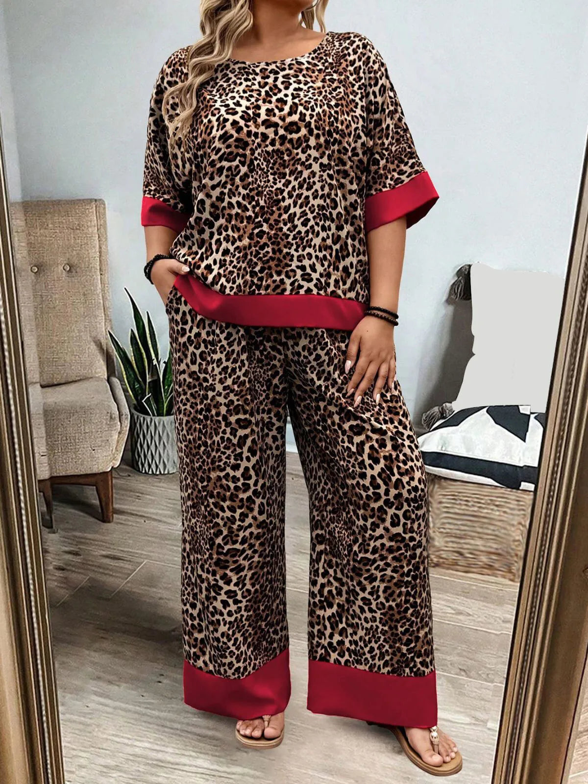 Plus Size Leopard Batwing Sleeve T-shirt & Vintage Pants