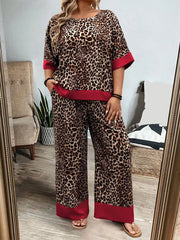 Plus Size Leopard Batwing Sleeve T-shirt & Vintage Pants