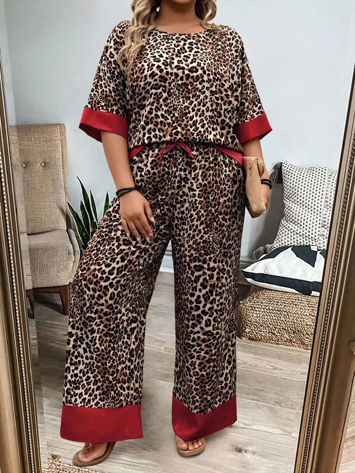 Plus Size Leopard Batwing Sleeve T-shirt & Vintage Pants