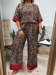 Plus Size Leopard Batwing Sleeve T-shirt & Vintage Pants
