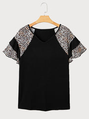 Plus Size Leopard Flounce Sleeve Casual T-shirt