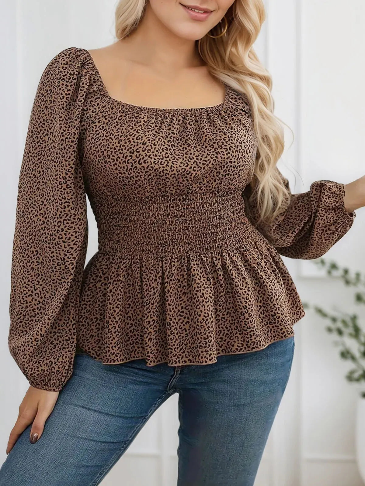 Plus Size Leopard Square Neck Regular Blouse