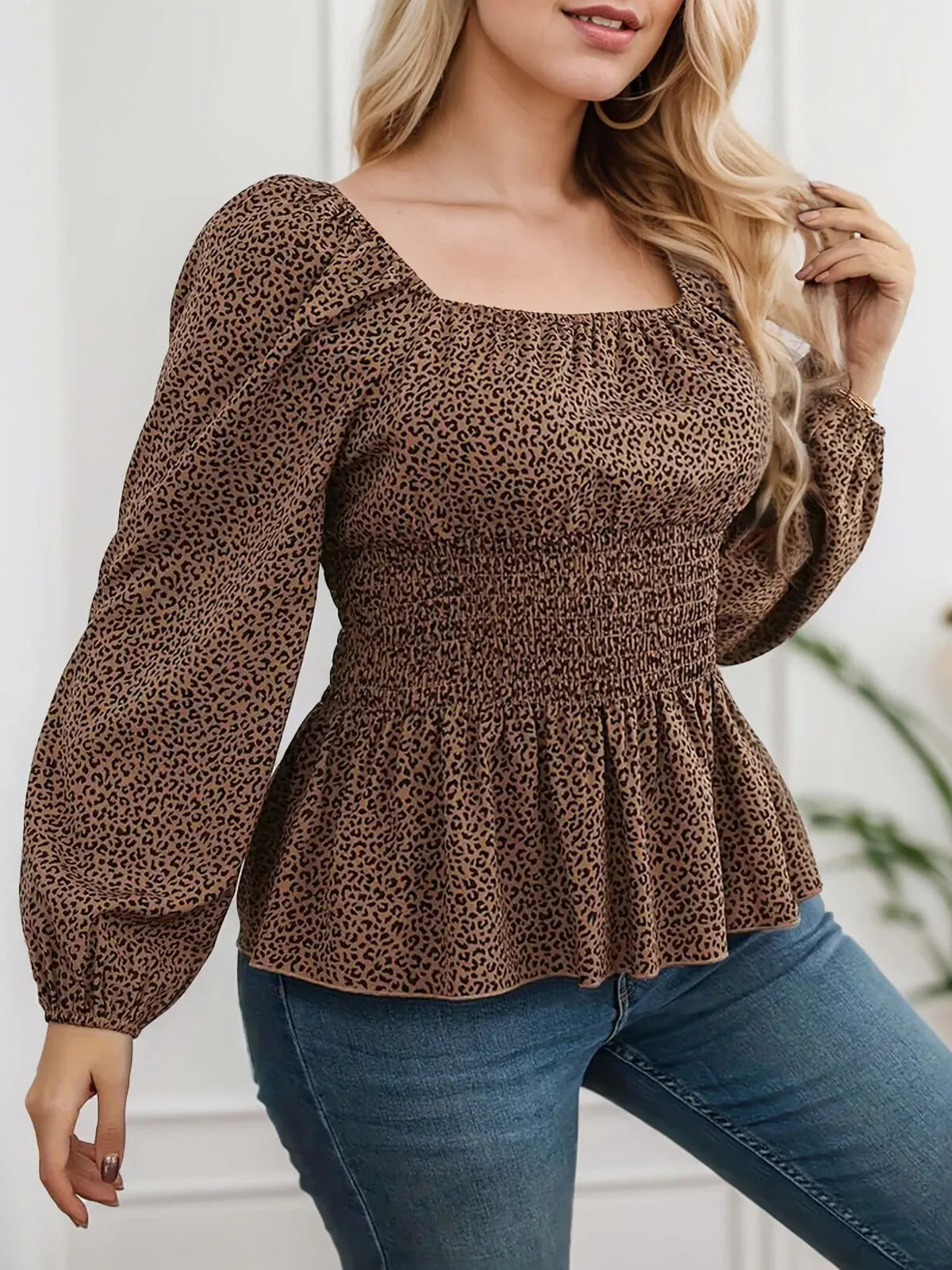 Plus Size Leopard Square Neck Regular Blouse