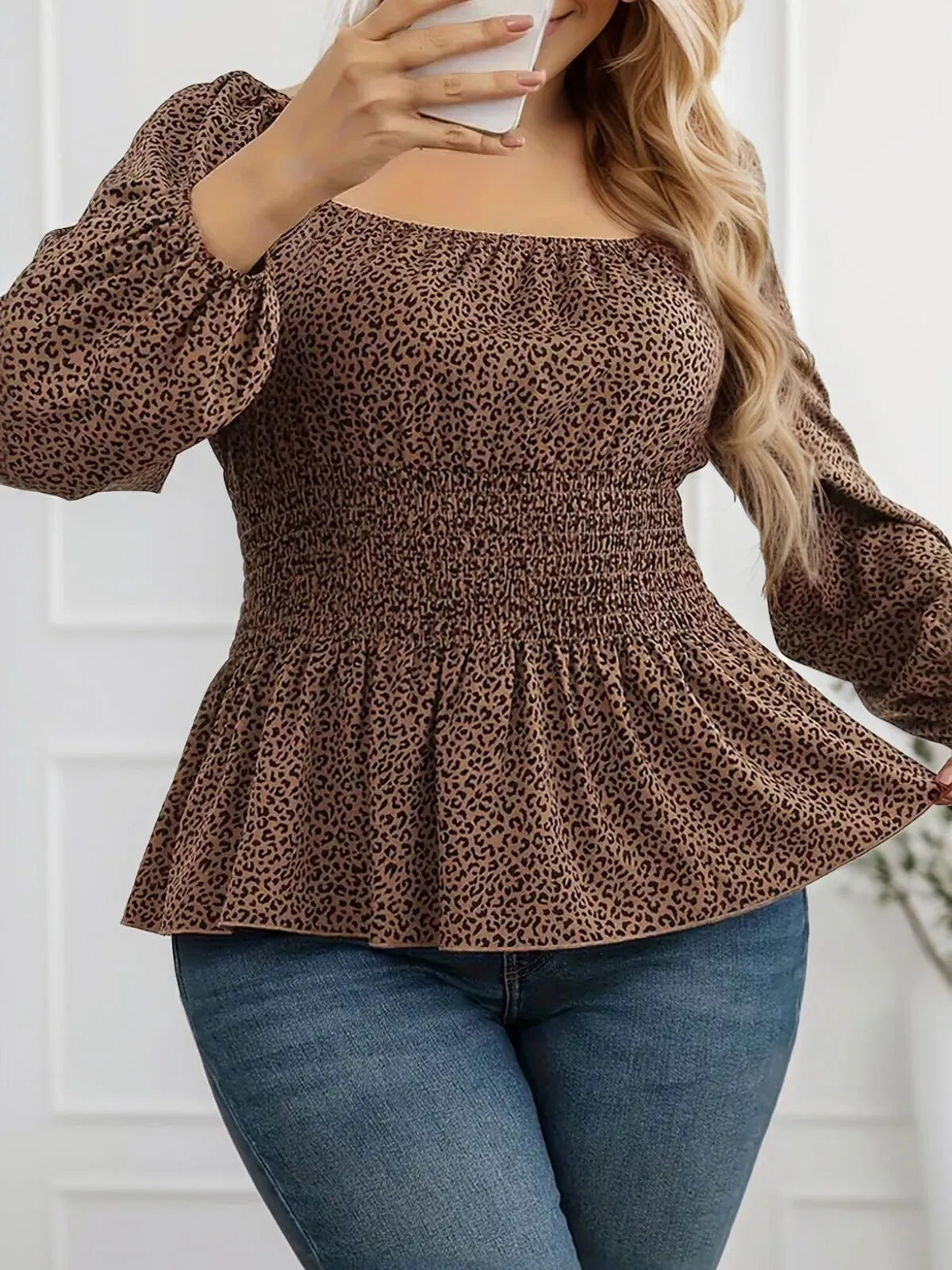 Plus Size Leopard Square Neck Regular Blouse