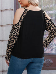 Plus Size Leopard Zipper Cold Shoulder Raglan T-shirt