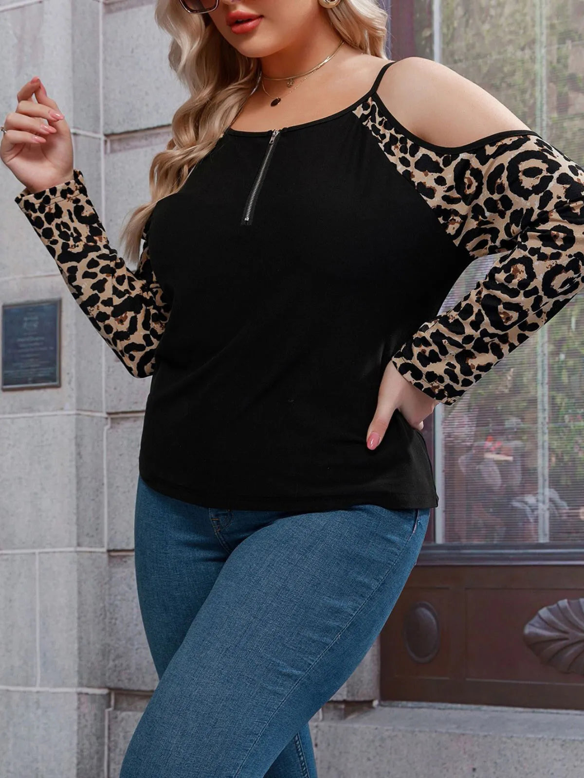 Plus Size Leopard Zipper Cold Shoulder Raglan T-shirt