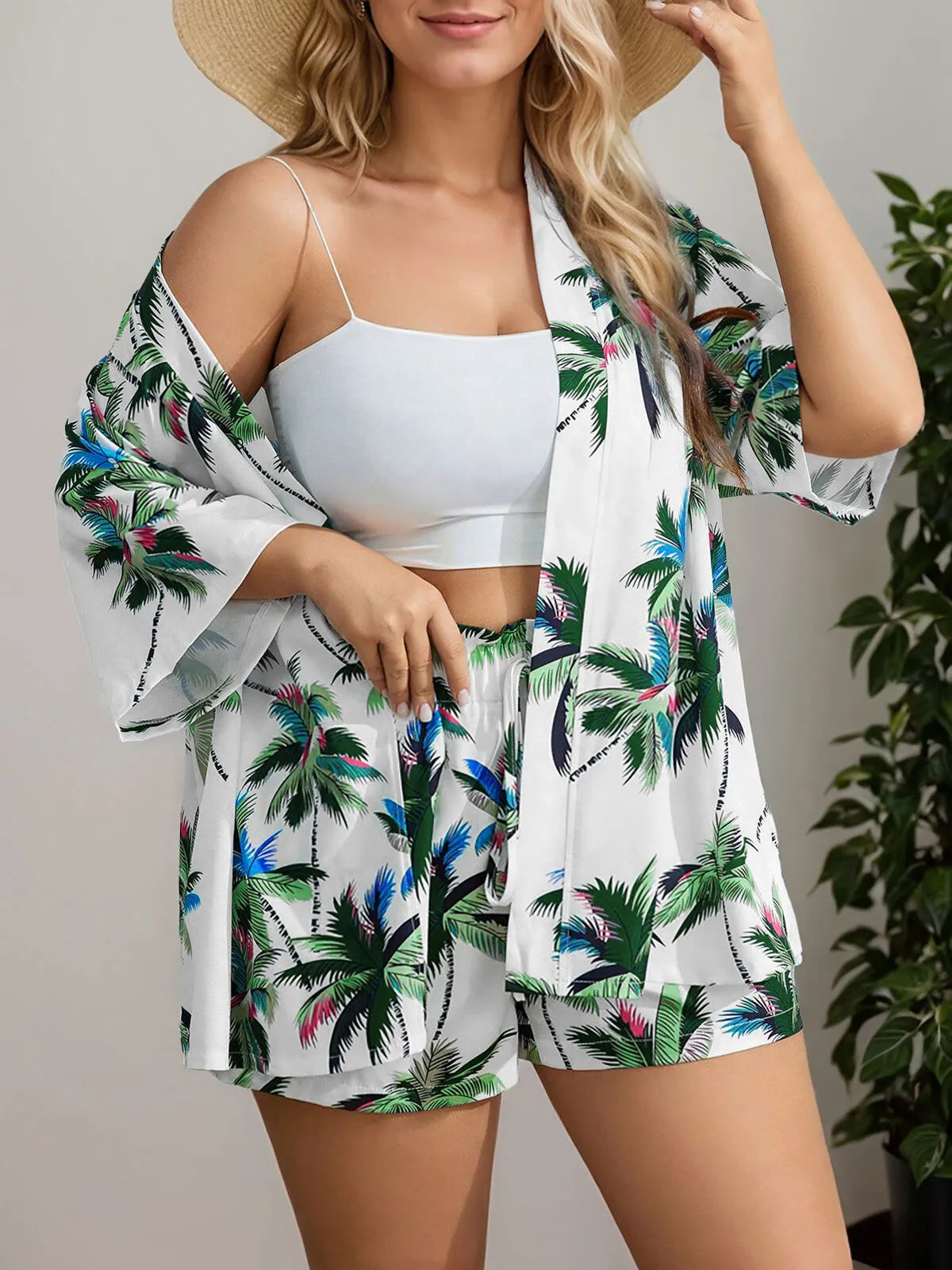 Plus Size Drop Shoulder Short Sleeve Blouse & Plants Shorts