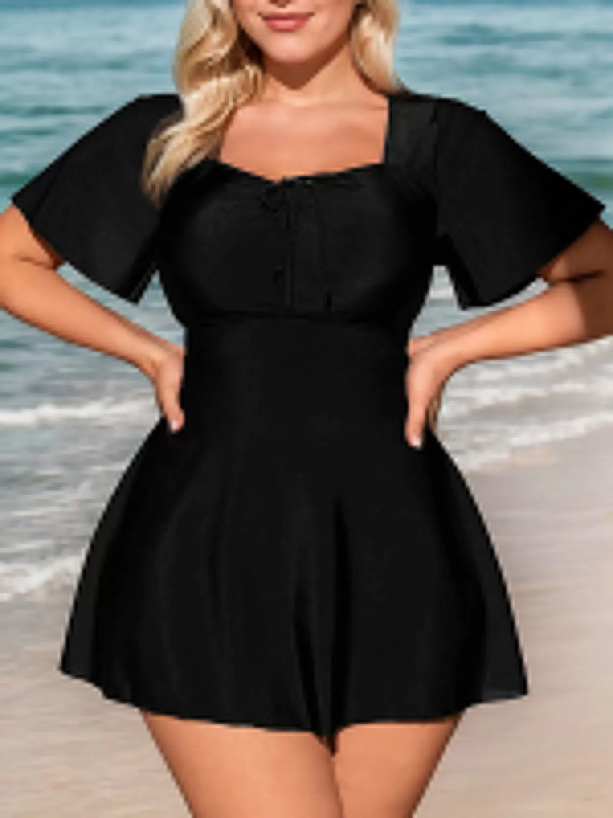Plus Size Solid Wrinkle High Rise Square Neck One-piece