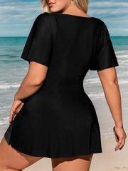 Plus Size Solid Wrinkle High Rise Square Neck One-piece