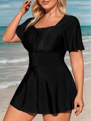 Plus Size Solid Wrinkle High Rise Square Neck One-piece