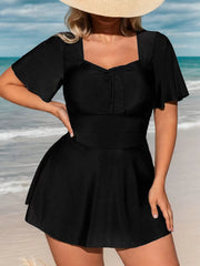 Plus Size Solid Wrinkle High Rise Square Neck One-piece