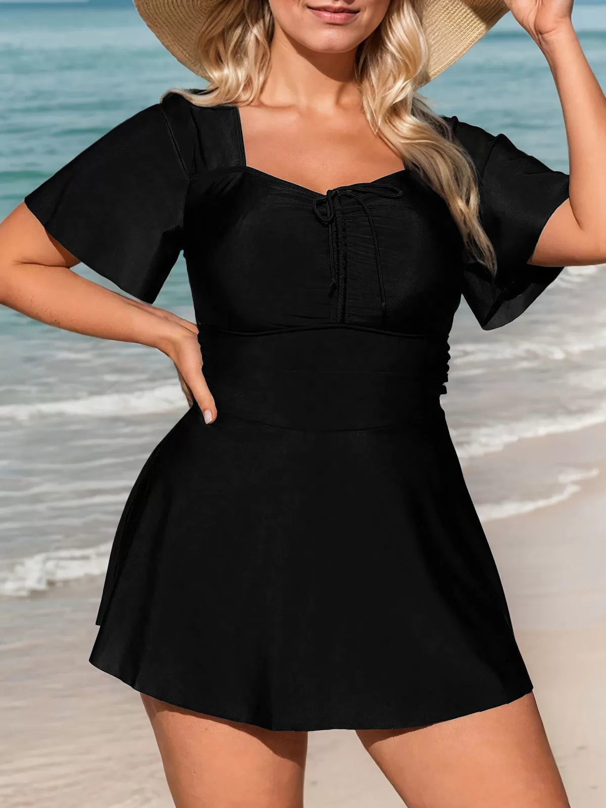 Plus Size Solid Wrinkle High Rise Square Neck One-piece