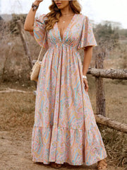Plus Size Paisley Deep V Neck Flounce Sleeve A-line Dress