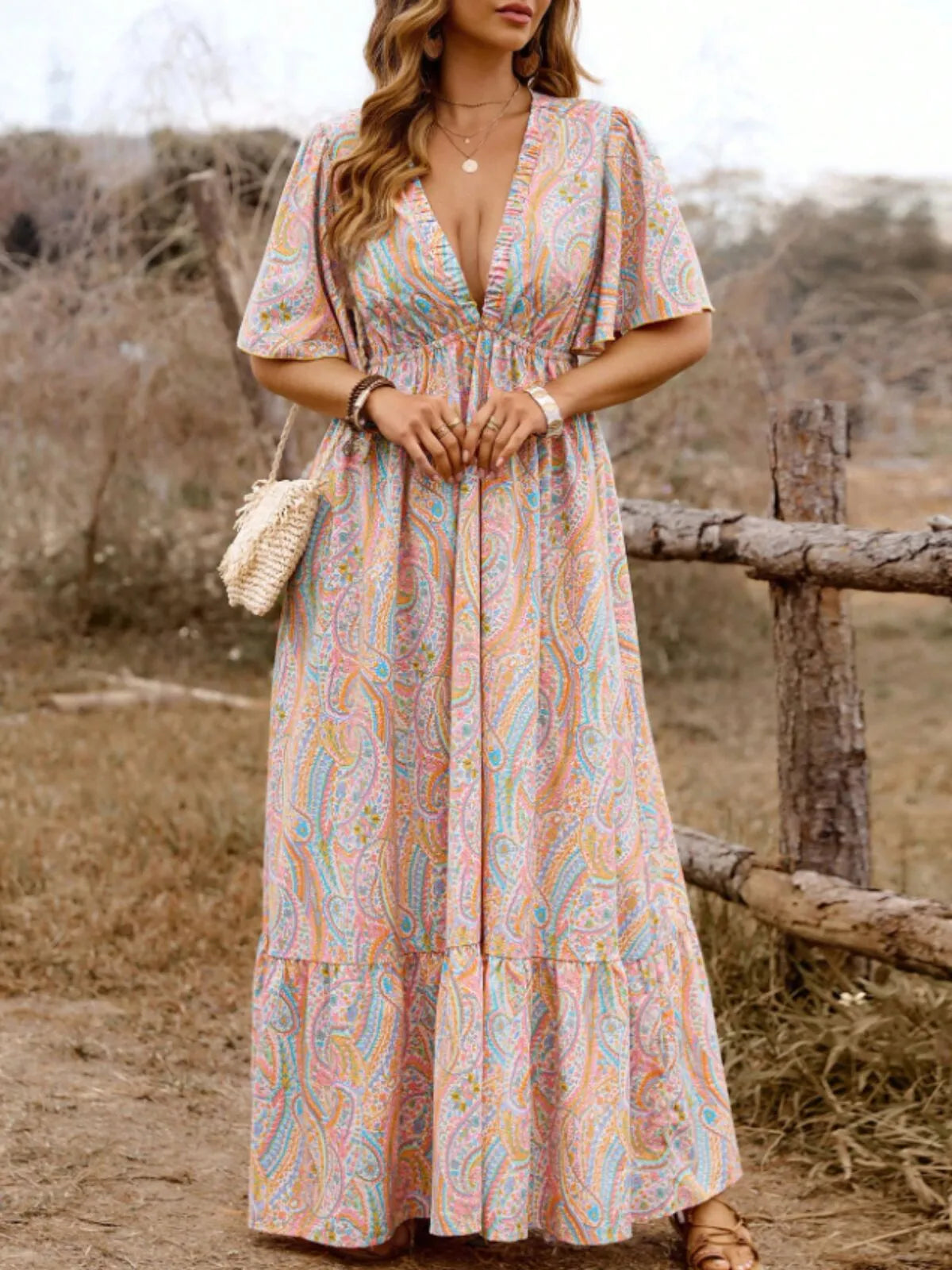 Plus Size Paisley Deep V Neck Flounce Sleeve A-line Dress
