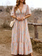 Plus Size Paisley Deep V Neck Flounce Sleeve A-line Dress