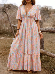 Plus Size Paisley Deep V Neck Flounce Sleeve A-line Dress
