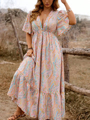 Plus Size Paisley Deep V Neck Flounce Sleeve A-line Dress