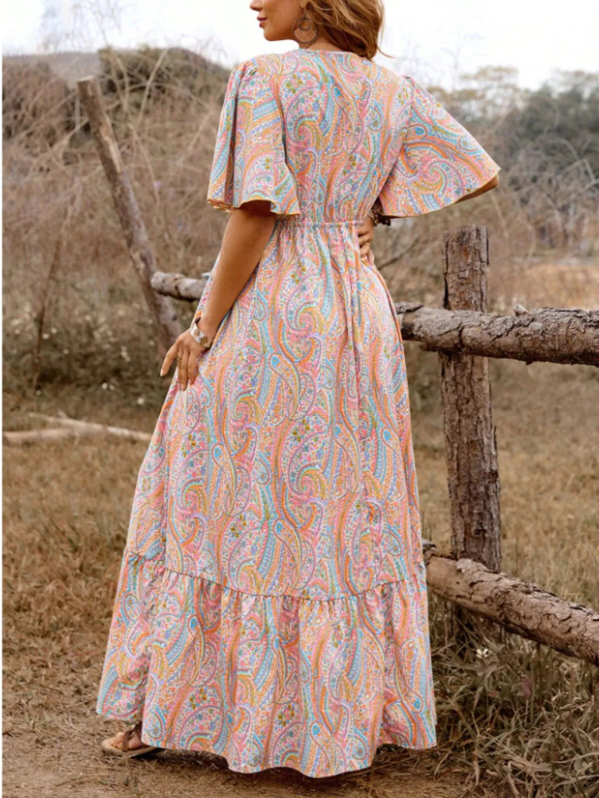 Plus Size Paisley Deep V Neck Flounce Sleeve A-line Dress