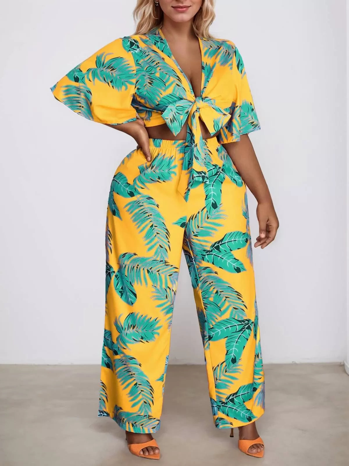 Plus Size Plants Bow Tie Bow Butterfly Sleeve Blouse & Medium Rise Bind Pants
