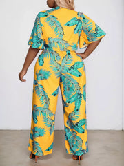 Plus Size Plants Bow Tie Bow Butterfly Sleeve Blouse & Medium Rise Bind Pants