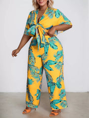 Plus Size Plants Bow Tie Bow Butterfly Sleeve Blouse & Medium Rise Bind Pants