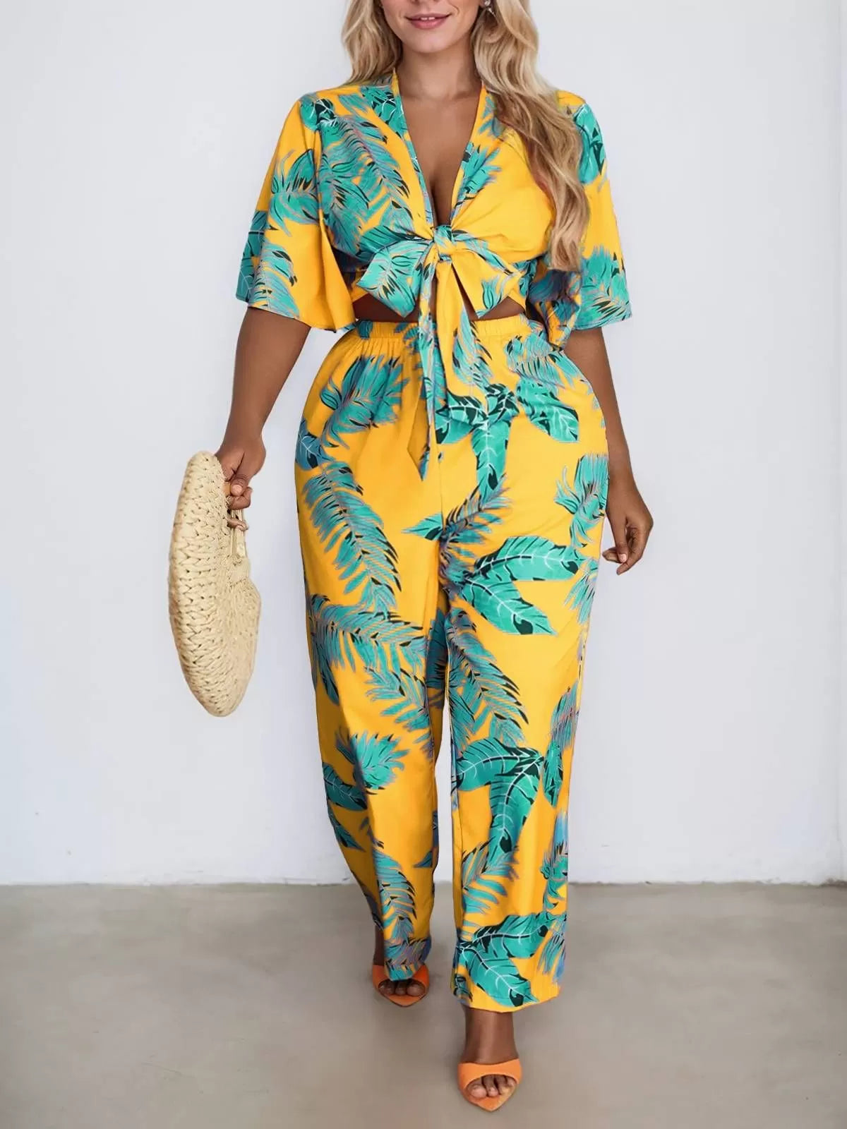 Plus Size Plants Bow Tie Bow Butterfly Sleeve Blouse & Medium Rise Bind Pants
