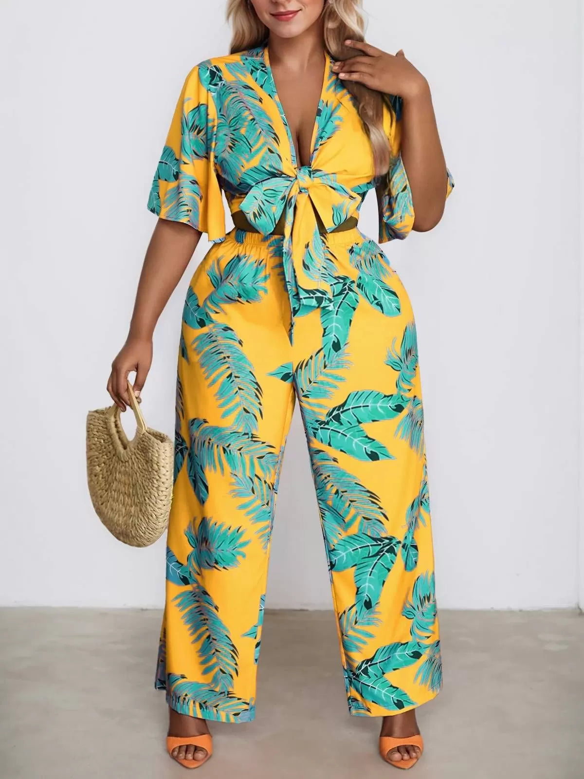 Plus Size Plants Bow Tie Bow Butterfly Sleeve Blouse & Medium Rise Bind Pants