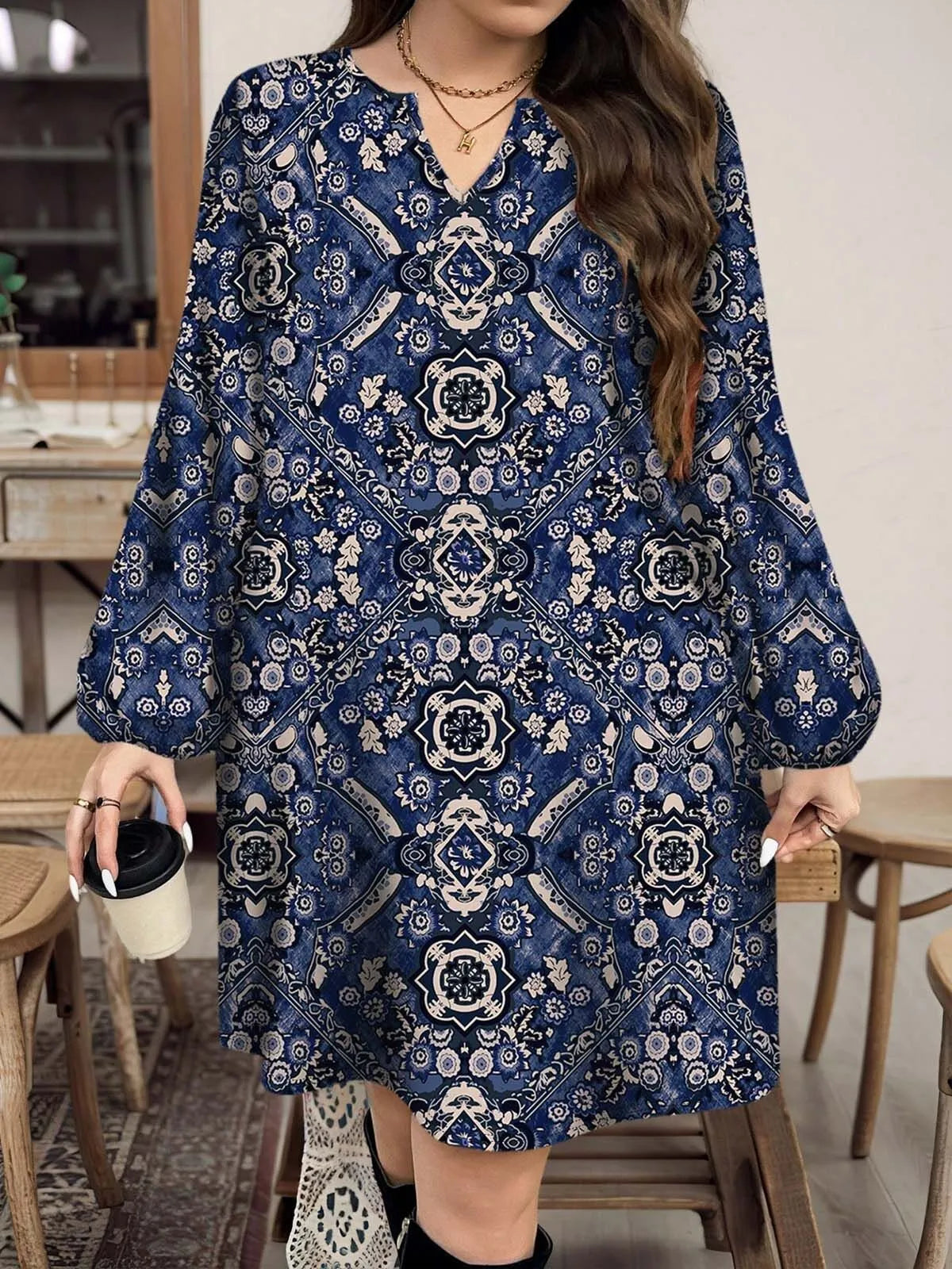 Plus Size Plants Lace V-neck Boho Style A-line Dress