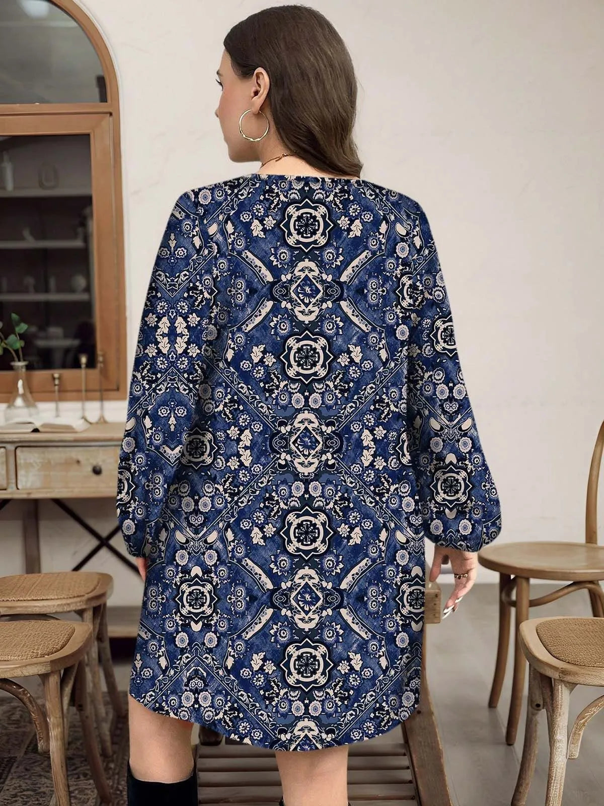 Plus Size Plants Lace V-neck Boho Style A-line Dress