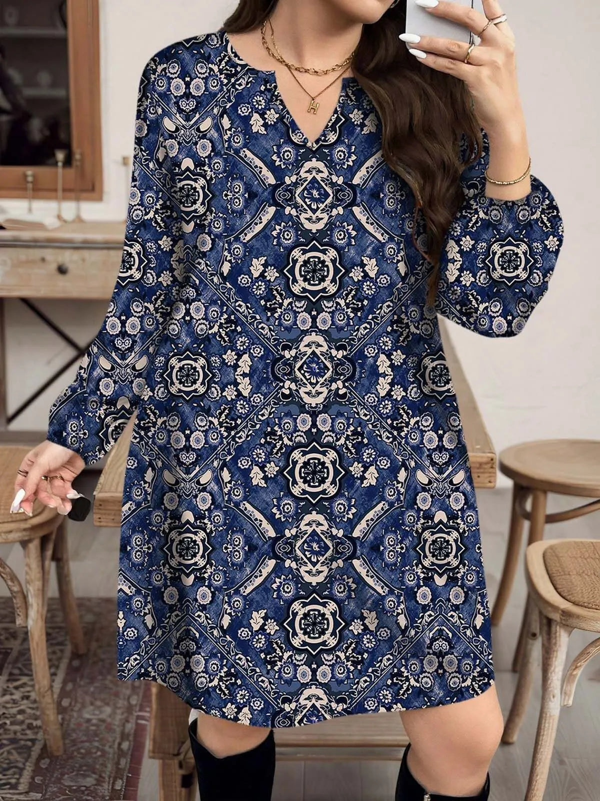 Plus Size Plants Lace V-neck Boho Style A-line Dress