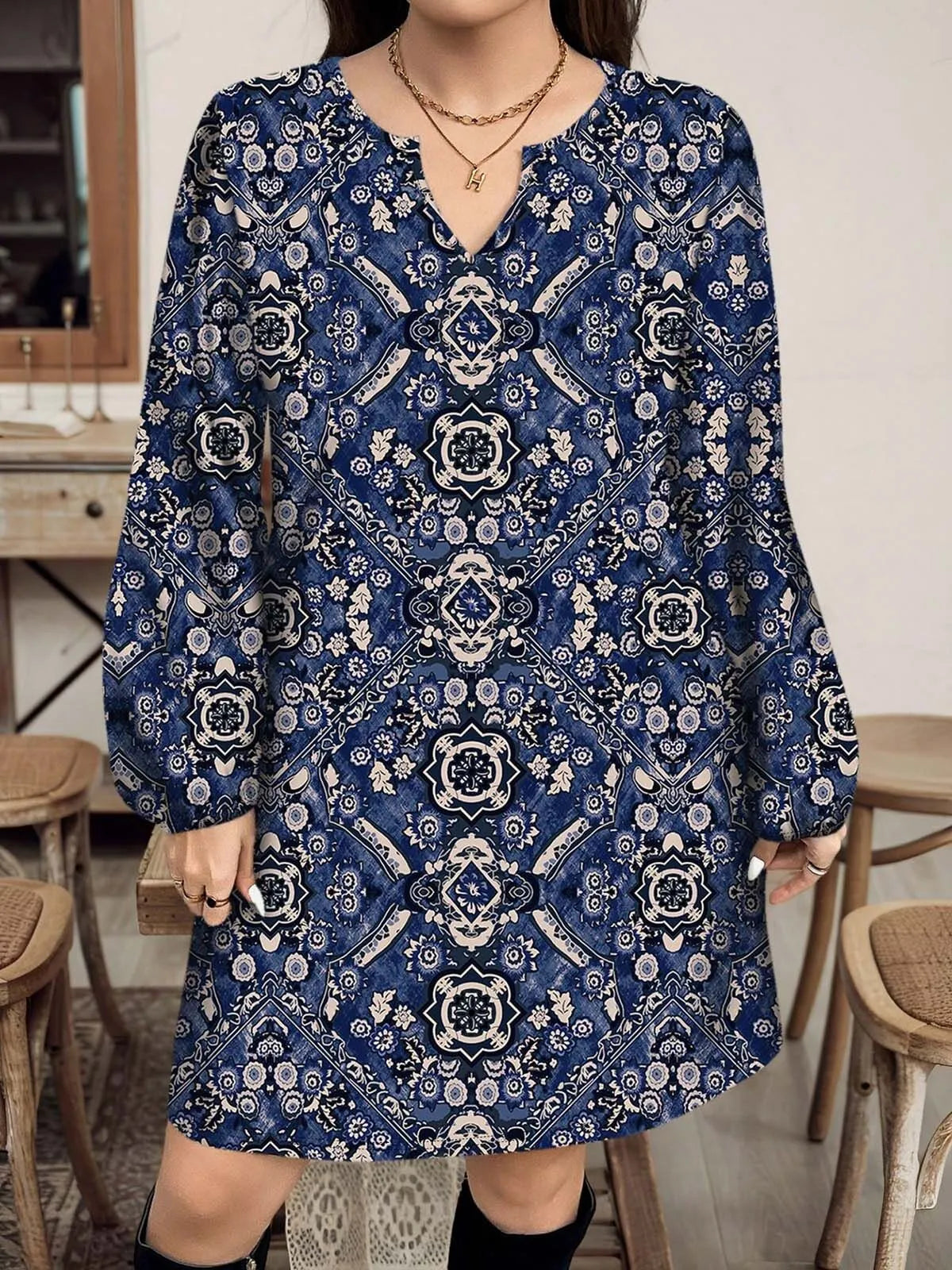 Plus Size Plants Lace V-neck Boho Style A-line Dress
