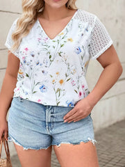 Plus Size Plants Lace V-neck T-shirt
